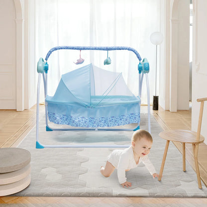 Electric Baby Crib Cradle Auto-Swing Newborn Sleep Bed Infant with Bluetooth blue with Chair + Music + Mat + Net