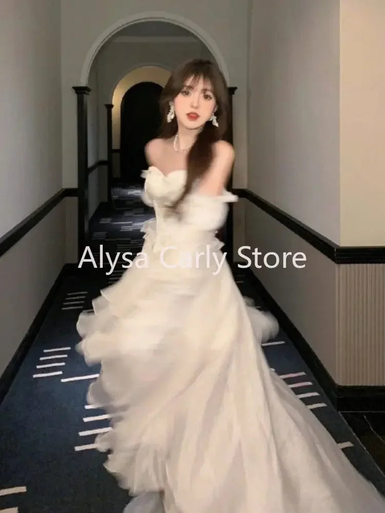 Elegant Ruffles Chic Fairy Dress Women White Sweet Korean Style Princess Dress Female 2025 Summer Slash Neck Casual Party Dress