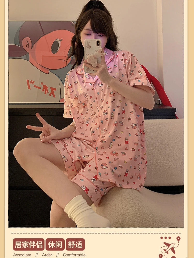 Plus Size Ins Cartoon Pajamas Set Korean Student Summer Internet Celebrity Girl Short Sleeve Shorts Thin Loose Home wear