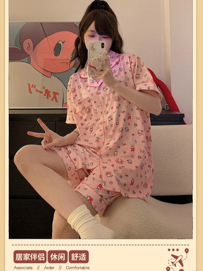 Plus Size Ins Cartoon Pajamas Set Korean Student Summer Internet Celebrity Girl Short Sleeve Shorts Thin Loose Home wear