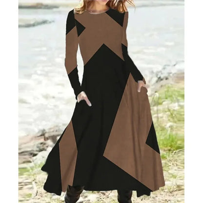 New 2025 Women's Casual Elegant Party Dress Contrast Color Ladies Spring Autumn Loose Long Sleeve Dress with Pockets Midi Dress
