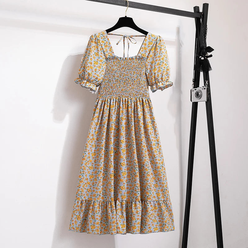 Summer Pleated Women Chiffon Dresses Casual Beach Holiday Short Sleeve Square Collar Woman Midi Dress Bohemian