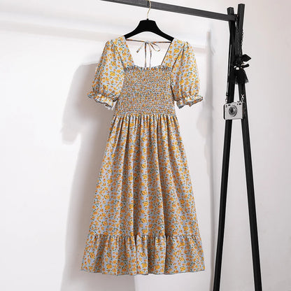 Summer Pleated Women Chiffon Dresses Casual Beach Holiday Short Sleeve Square Collar Woman Midi Dress Bohemian