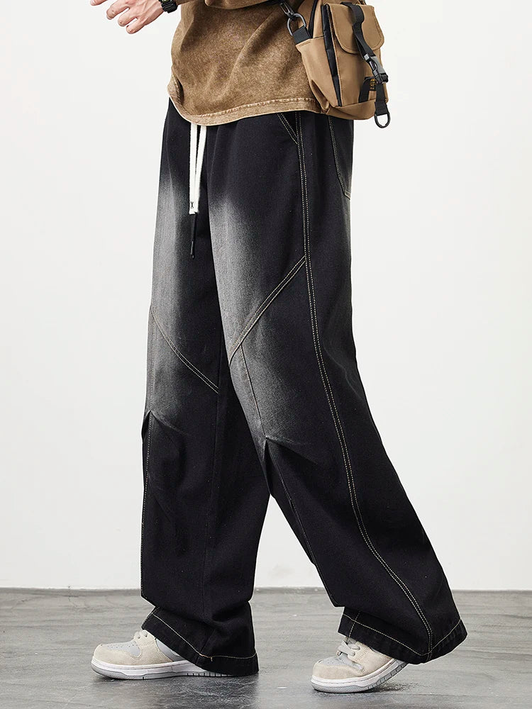 Big Size Men's Jeans 8XL 7XL 6XL String Banding Wide Leg Straight Denim Pants Washed Cotton Casual Baggy Jean Trousers Male