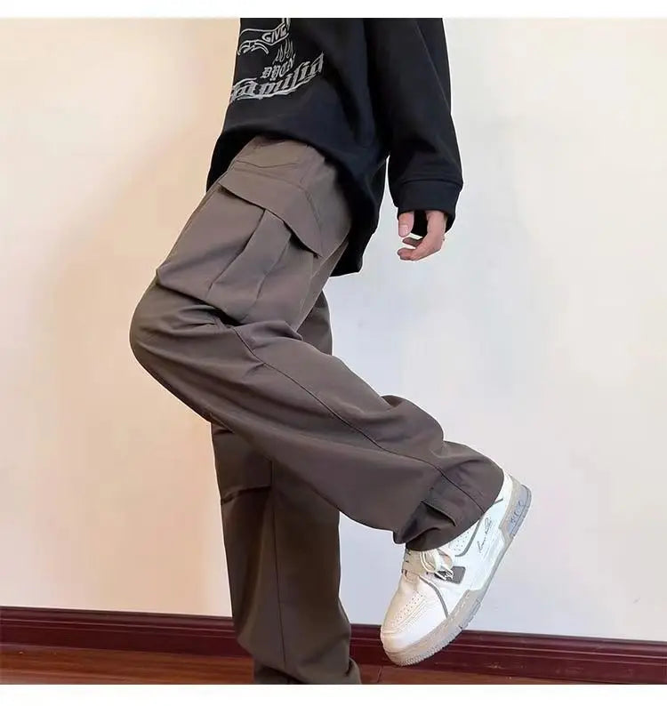 New Overalls Men's Spring Summer Retro High Street Casual pants Large Pocket Trousers Loose Straight Tube Draped Wide-leg Pants