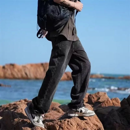 New Retro Washed Large Medium High Waist Men's Straight Blue Men's Trendy Denim Long Pants Men's Clothing Pantalon Homme Jean