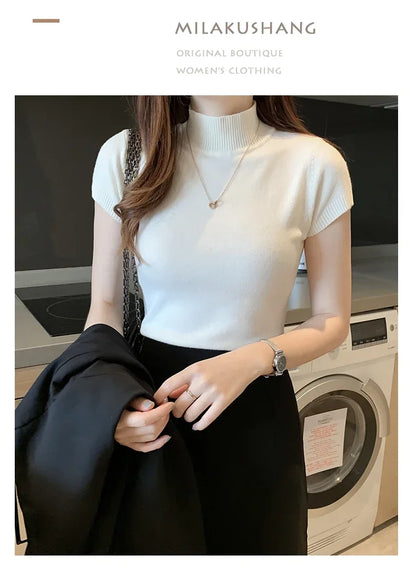 Fashion Woman Blouses 2025 Short Sleeve Summer Tops Blouse Women Turtleneck Knitted Blouse Shirt Women's Tops And Blouses