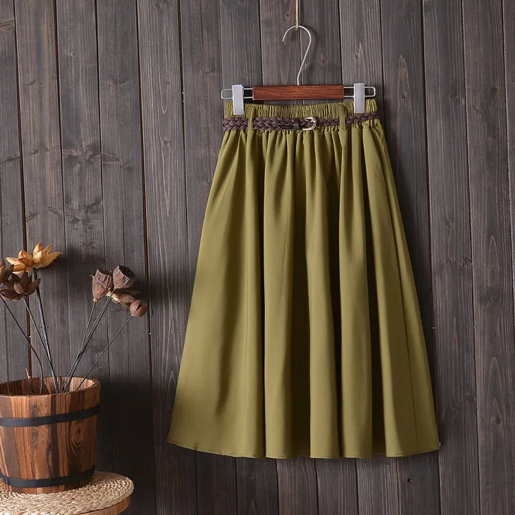 Midi Knee Length Summer Skirt Women With Belt  Fashion Korean Ladies High Waist Pleated A-line School Skirt Female