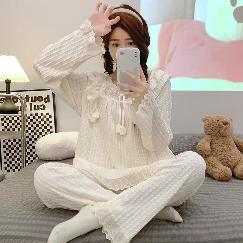 5XL Plus Size Spring Ladies Pajamas Set Princess Style Cotton Soft Sleepwear Square Neck Long-sleeve Trousers suit Household Wear