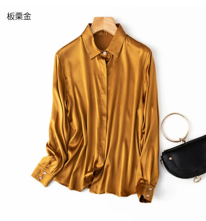 Tajiyane Women's 93% Mulberry Silk 7% Spandex 19 momme satin Silk Buttons long sleeve shirt Top Blouse office work chemise femme