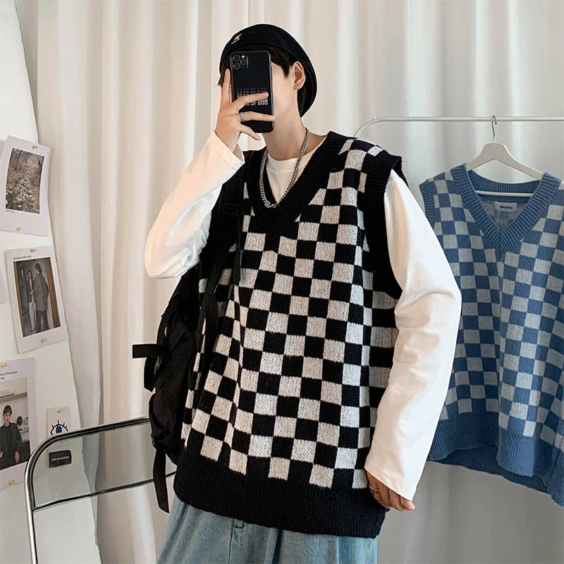Men Knitted V Neck Japanese Vintage Loose Sleeveless Plaid Vests Chic Pullovers Chaleco Hombre Blue Checkerboard Sweater Vest