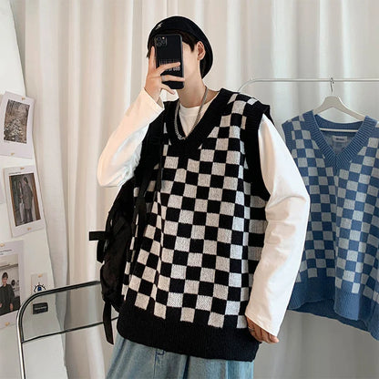 Men Knitted V Neck Japanese Vintage Loose Sleeveless Plaid Vests Chic Pullovers Chaleco Hombre Blue Checkerboard Sweater Vest