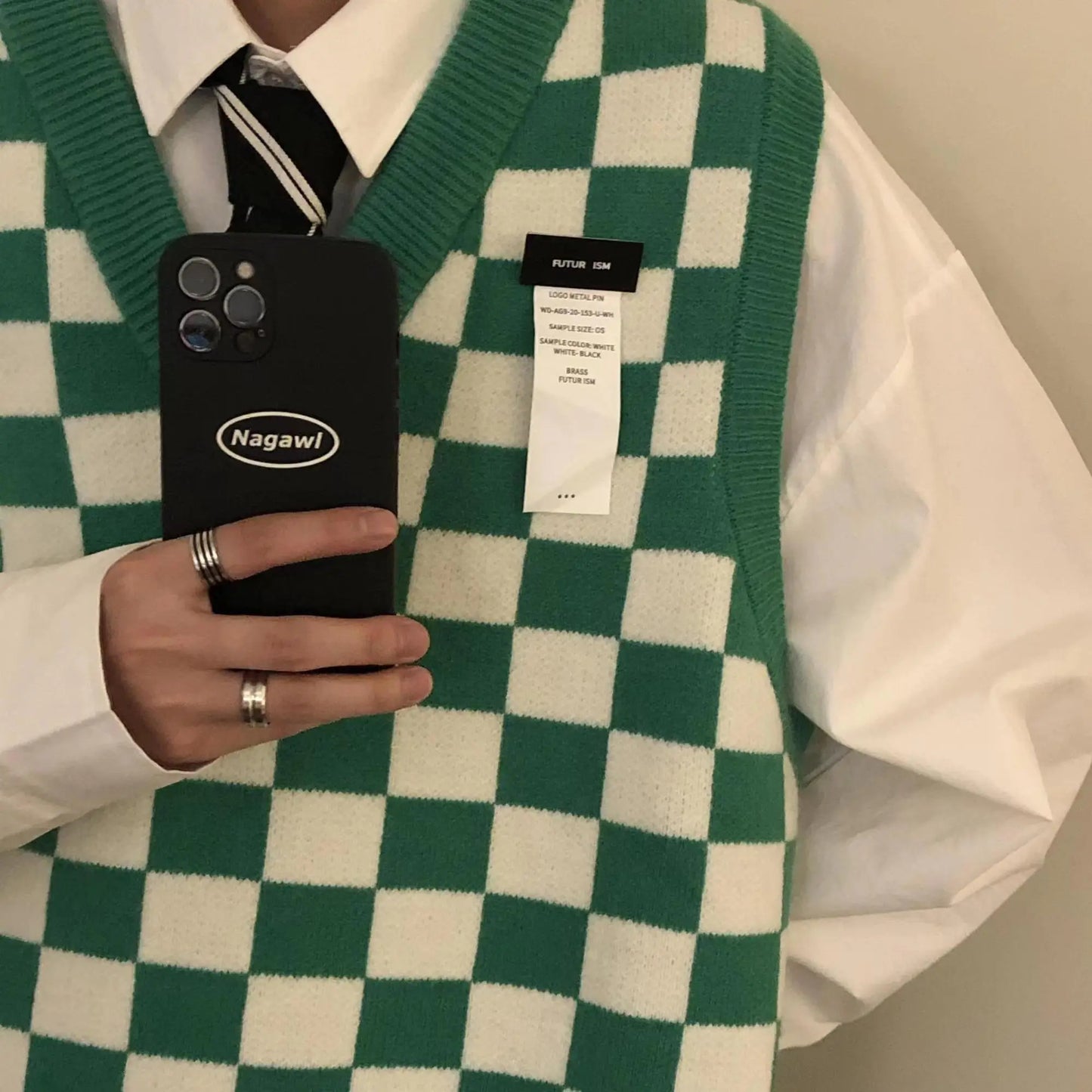 Men Knitted V Neck Japanese Vintage Loose Sleeveless Plaid Vests Chic Pullovers Chaleco Hombre Blue Checkerboard Sweater Vest