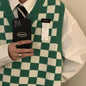 Men Knitted V Neck Japanese Vintage Loose Sleeveless Plaid Vests Chic Pullovers Chaleco Hombre Blue Checkerboard Sweater Vest