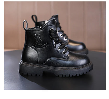 Kid's Winter Cotton Boots Plus Velvet Thickening Water Proof Retro Black Trendy All-match Leather Casual Boys Girls Ankle Boot