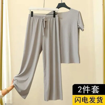 Female Home Clothes 2 Pieces Set Lady Home Suit Summer Women Lounge Wear Autumn Loose Home wear Suit for Women Pajamas Pants Set