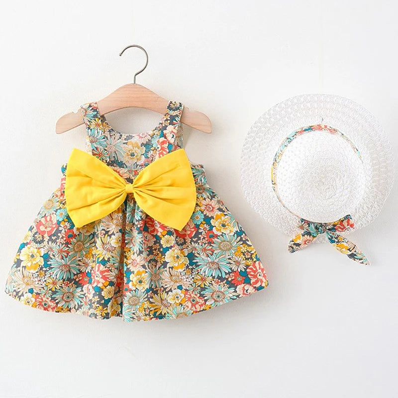 2Piece Sets Summer Toddler Girl Clothes Korean Fashion Flowers Cute Bow Sleeveless Princess Baby Dresses+ Sunhat Kids Dress BC136