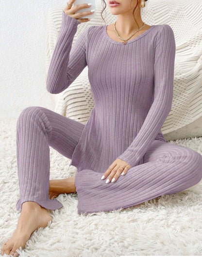 Autumn Winter Women's Clothing New Style Solid Color Sexy Casual Long Sleeved Round Neck Slit Fashion Temperament Two-piece Set