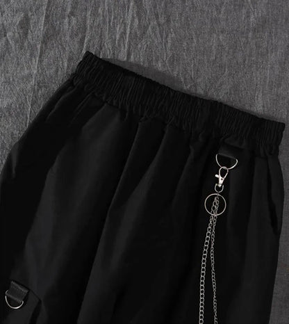 2PCS Women's Streetwear Outfits Loose Long Sleeve Shirt Ribbon Chain Cargo Pants 2 Piece Sets Korean Casual Unisex Couple Suit