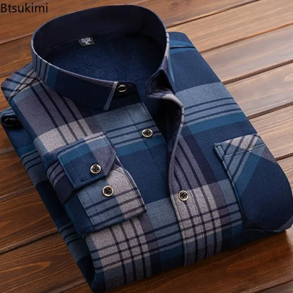 2025 Men's Autumn Winter Casual Fleece Plaid Shirt Fashion Soft Warm Turn Down Collar Long Sleeve Shirt Male High-Quality Tops