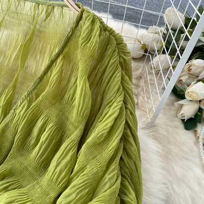 Women Sexy Chiffon Short Blouse Female See Through Super Long Sleeve Purple/Green/Black/White Folds Party Tops 2025 New