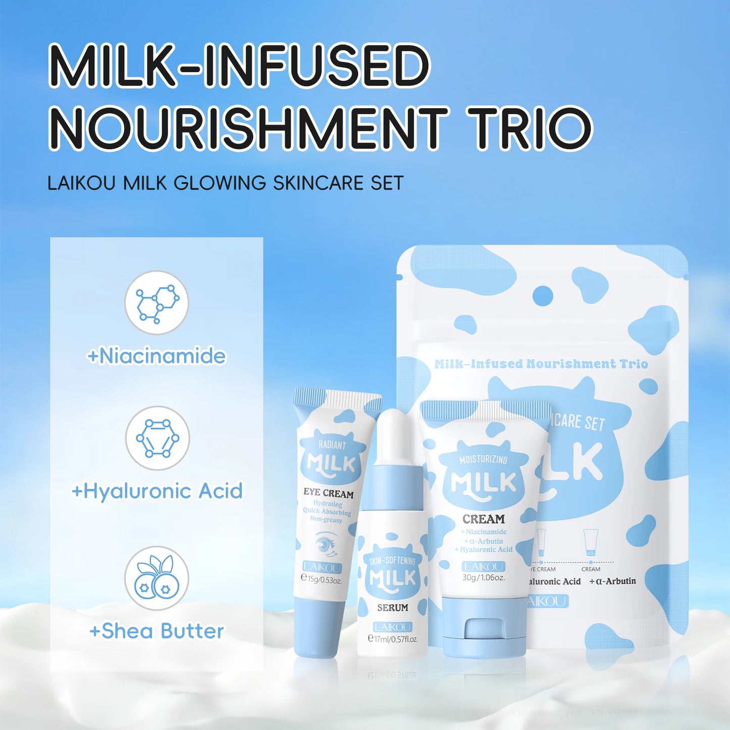 LAIKOU Milk Glowing Trio Set Deep Nourishment Kit Hydrating Skincare Non-Greasy Serum Eye Cream Moisturizer Gift Set