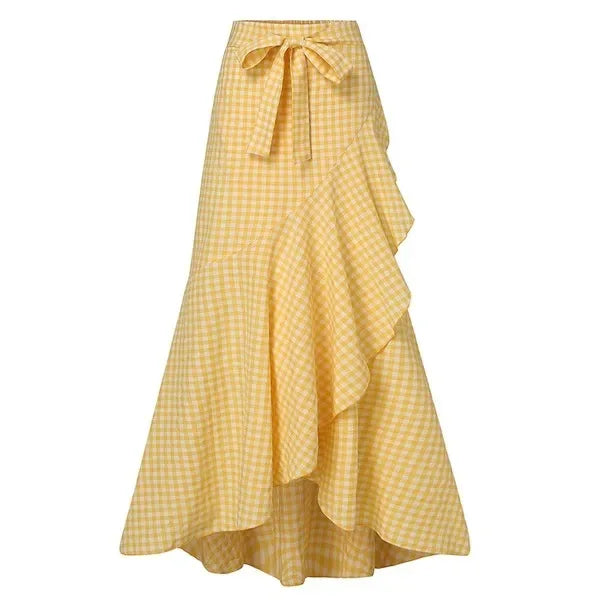 Spring Autumn Women Long Skirt High Waist Lace-up Ruffle Trim Plaid Print Bow Tie Irregular Hem Maxi Skirt Female 2025 New