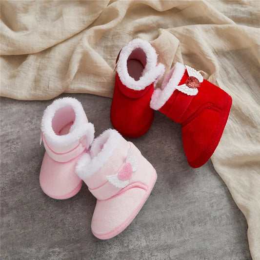 Suefunskry Newborn Baby Winter Snow Boots Contrast Color Ankle Boots Warm Plush Heart Wings Baby Walking Shoes for Toddler 0-18M
