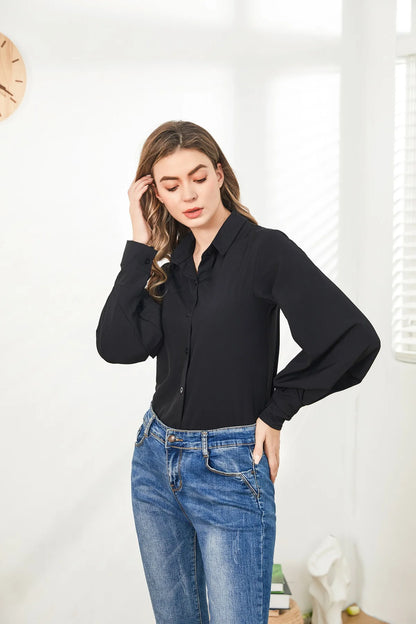 Lantern Sleeves Vintage Shirts Women Elegant White Women's Blouse with Lush Sleeves 2025 Fashion Button Up Shirt Black dropship