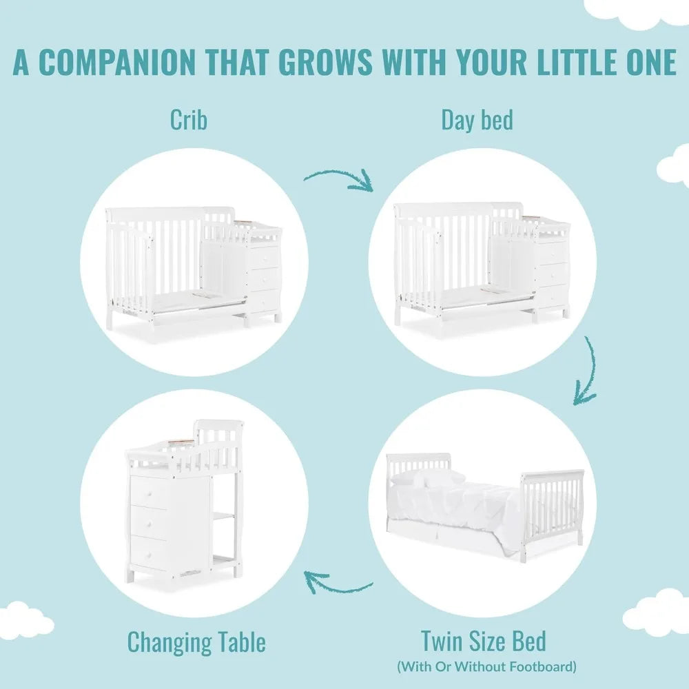 Dream On Me Jayden 4-in-1 Mini Convertible Crib And Changer in White, Greengard Gold Certified, Non-Toxic Finish