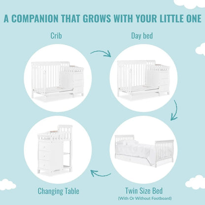 Dream On Me Jayden 4-in-1 Mini Convertible Crib And Changer in White, Greengard Gold Certified, Non-Toxic Finish