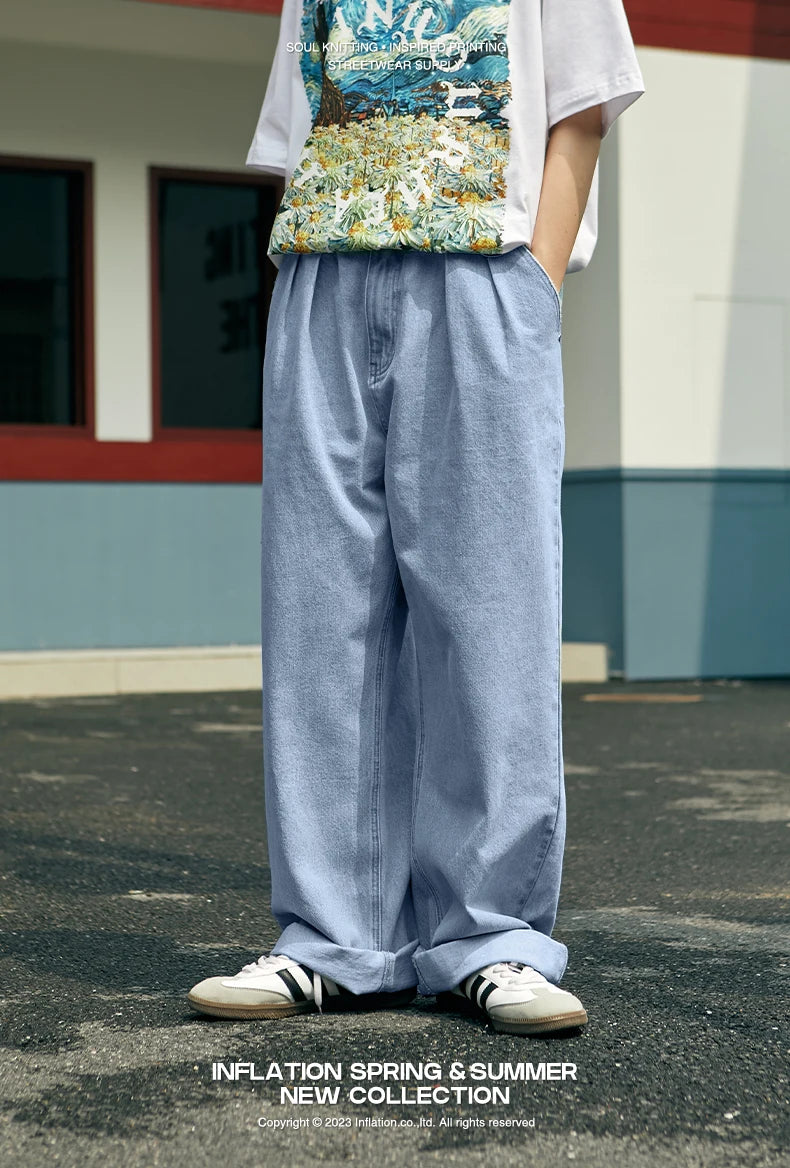 INFLATION Brown Retro Washed Denim Pants Unisex Classic Straight Leg Jeans Male Trouser Plus Size