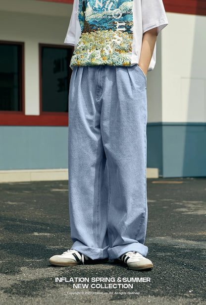 INFLATION Brown Retro Washed Denim Pants Unisex Classic Straight Leg Jeans Male Trouser Plus Size