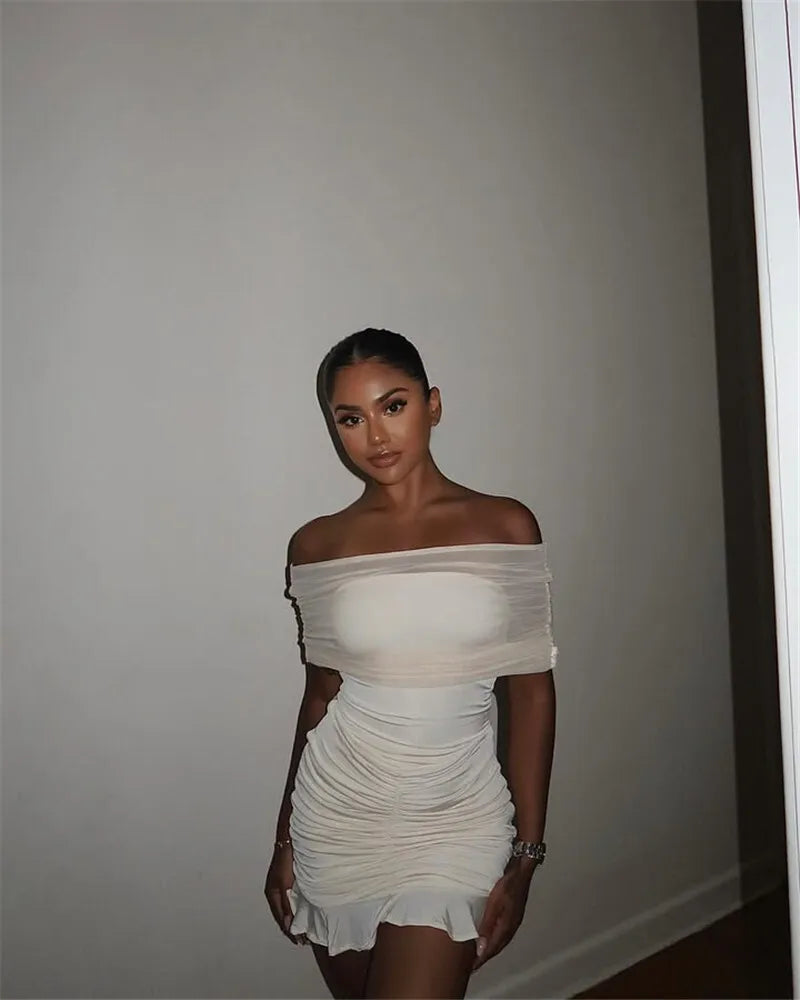 Mozision Mesh Strapless Off-shoulder Sexy Ruffled Mini Dress For Women Fashion Backless High Waist Female Ruched Party Dress