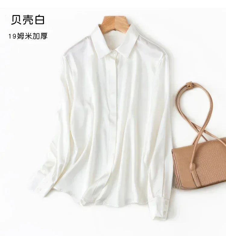 Tajiyane Women's 93% Mulberry Silk 7% Spandex 19 momme satin Silk Buttons long sleeve shirt Top Blouse office work chemise femme