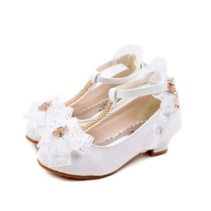 Children's Leather Shoes Girls High Heels White Princess Shoes Spring Autumn Kids Crystal Bow Party Student Performance Shoes