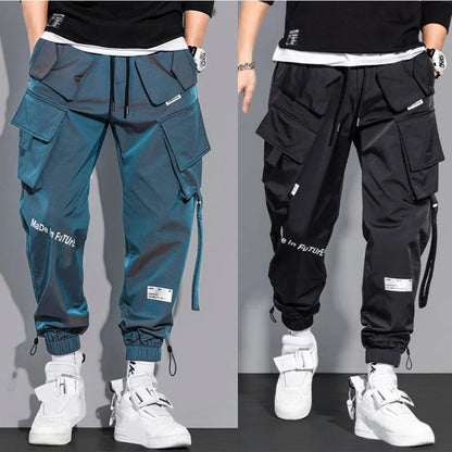 Thin Streetwear Casual Pants Men Ribbons Harem Jogging Pants Male Slim Fit Spring Cargo Pants Multi-Pockets Women Trouser