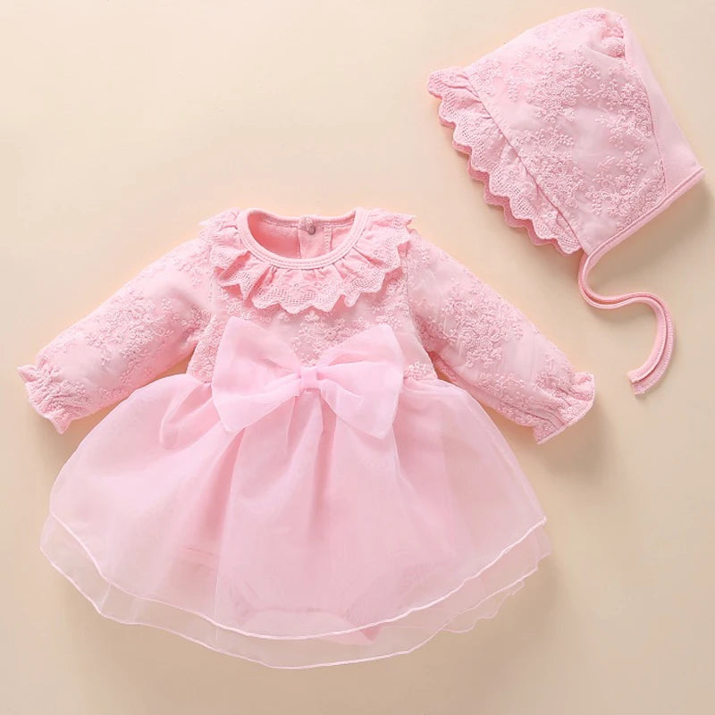 Newborn Baby Girl Dress Clothes 0 3 6 Months Princess Pink Dress White Baptism Outfit Party Dress Headband Socks Set Clothing