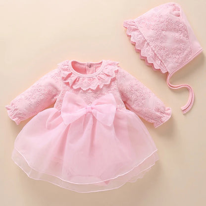 Newborn Baby Girl Dress Clothes 0 3 6 Months Princess Pink Dress White Baptism Outfit Party Dress Headband Socks Set Clothing