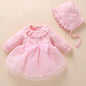 Newborn Baby Girl Dress Clothes 0 3 6 Months Princess Pink Dress White Baptism Outfit Party Dress Headband Socks Set Clothing