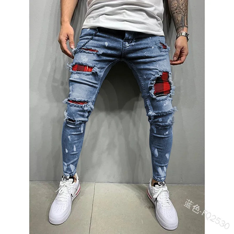 Men Jeans Knee Hole Ripped Stretch Skinny Denim Pants Solid Splice Color Blue Autumn Summer Hip-Hop Style Slim Fit Trousers 2025