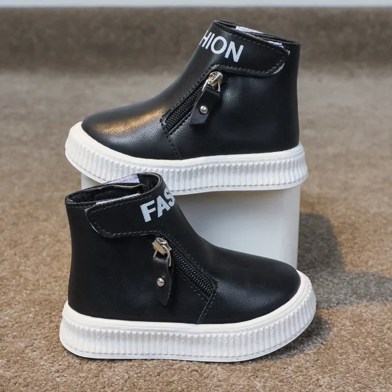 Children Fashion Boots Side Zipper Round-toe Kids Sport Boots Classic Solid Color Non-slip Boys Girls Leather Boots 2025 New