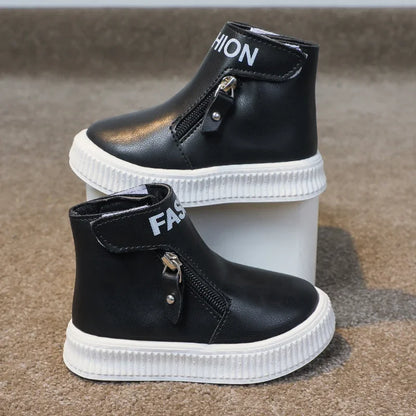 Children Fashion Boots Side Zipper Round-toe Kids Sport Boots Classic Solid Color Non-slip Boys Girls Leather Boots 2025 New
