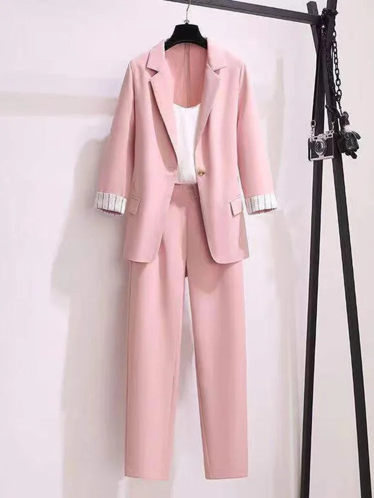 2025 spring new plus size Korean elegant women's suit female blazer leisure pants Tweed suit jacket three piece jacket pants set