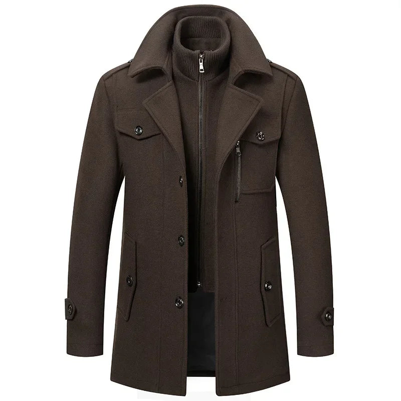 Autumn Winter Men's Woolen Coat Fashion Double Neck Coat Solid Color Long Sleeve Jacket