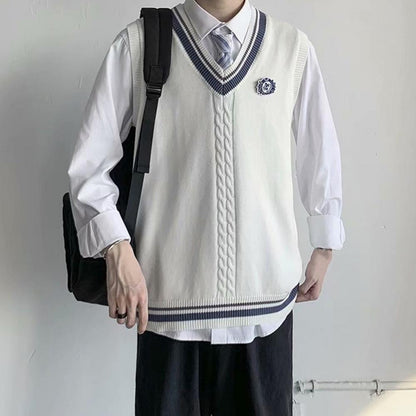 College Style Sleeveless V Neck Sweater Vest Autumn Winter Patchwork Color Twist Men Knitted Vest Daily Clothing