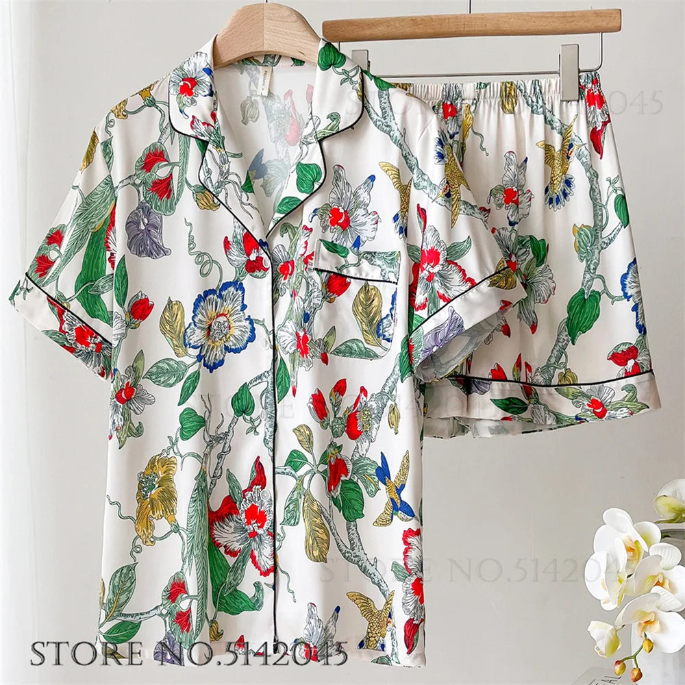Fashion Print Flower 2PCS Pajamas Set Women Sleepwear Spring Summer Trouser Suits Lounge Wear Loose Satin Home wear Pajamas Suit