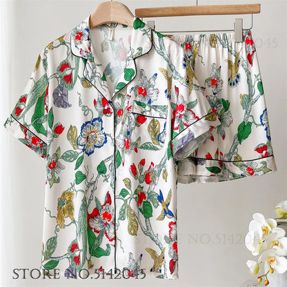 Fashion Print Flower 2PCS Pajamas Set Women Sleepwear Spring Summer Trouser Suits Lounge Wear Loose Satin Home wear Pajamas Suit