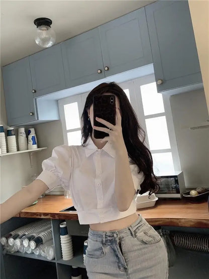 Korean Fashion Women's Shirt Summer Elegant Youth Blouses Clothes Preppy Puff Sleeve White Shirts Cropped Cute Top 2025