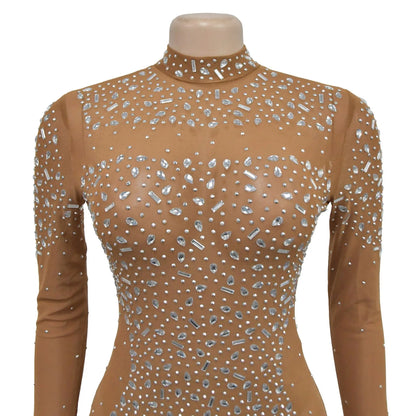 Women Sexy See Through Sheer Mesh Rhinestone Décor Long Sleeve Maxi Party Dress